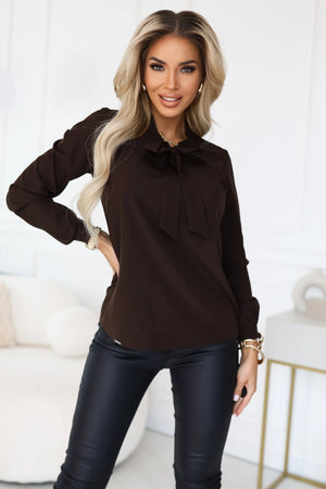 Blusa elegante de mangas longas com laço — Chocolate — imagem 1