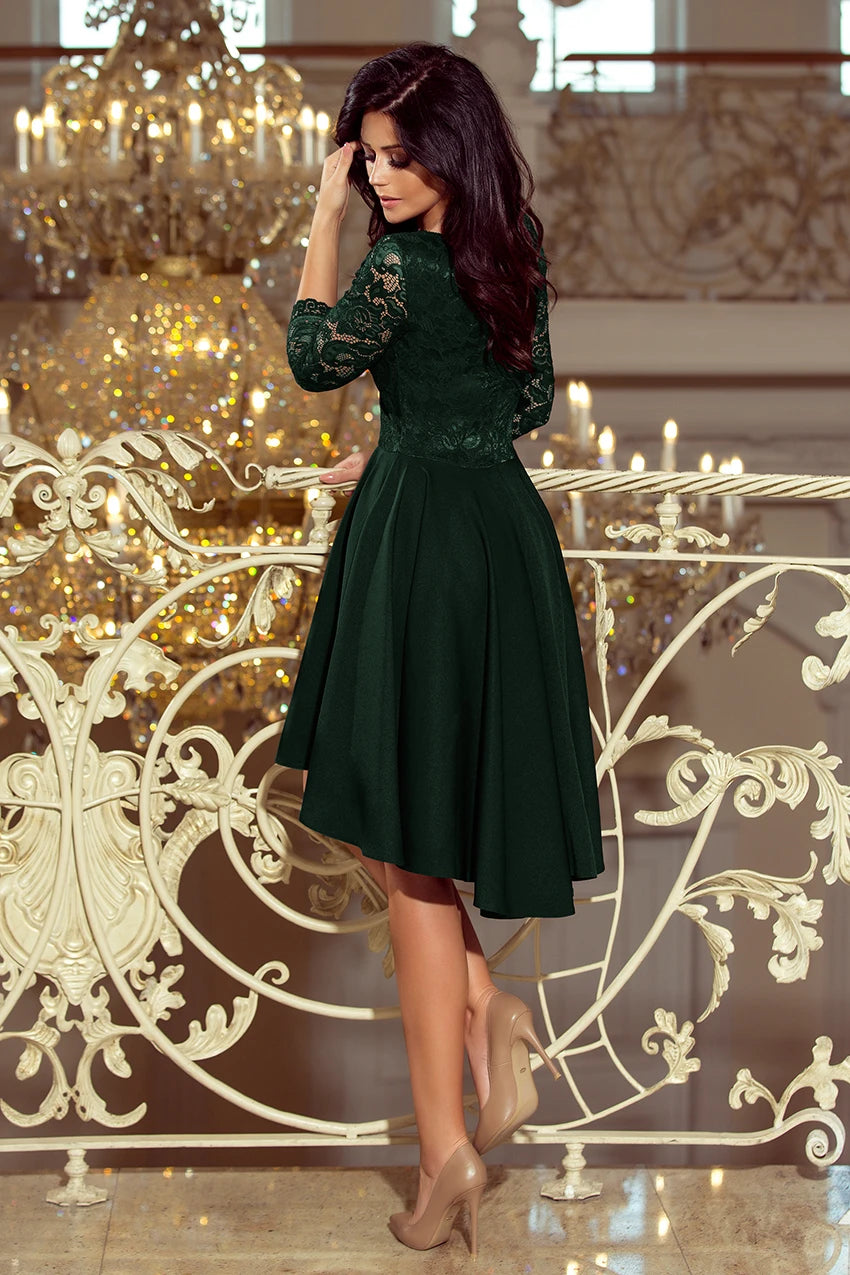 Vestido Assimétrico NICOLLE com Decote de Renda - Verde Escuro