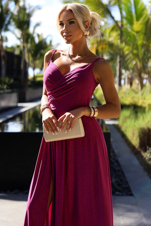 Vestido Longo CHIARA com Brilho e Fenda - Fúcsia
