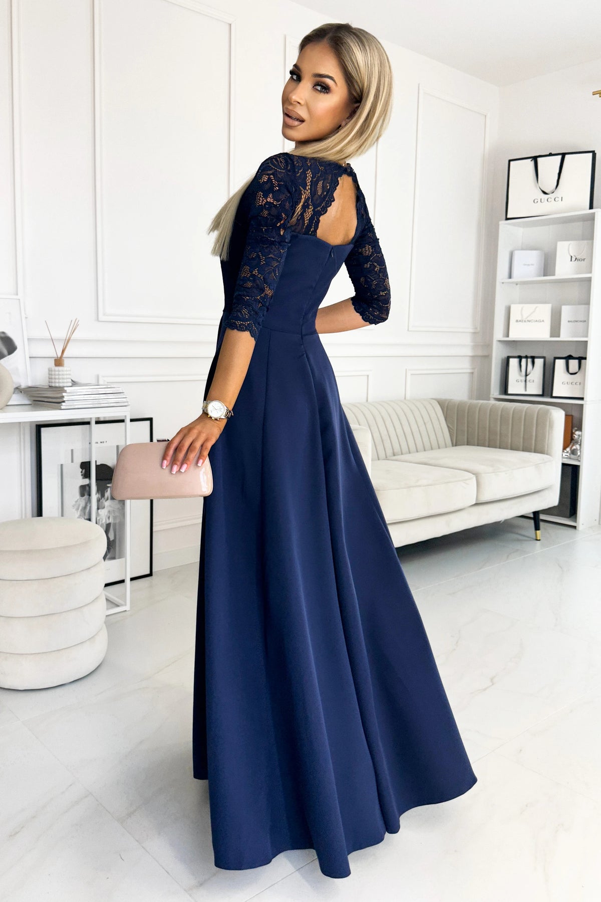 Vestido Longo de Renda AMBER com Decote - Azul-Marinho – vista 2