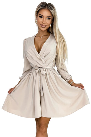 Vestido BINDY com Decote Cruzado e Cinto - Bege