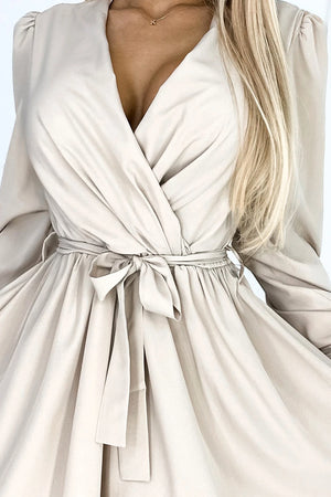 Vestido BINDY com Decote Cruzado e Cinto - Bege