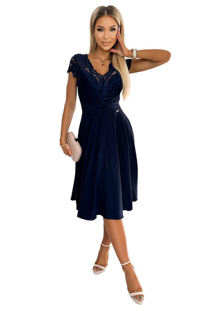 Vestido de Chiffon LINDA com Decote em Renda - Azul-Marinho