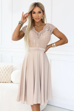 Vestido de Chiffon LINDA com Decote de Renda - Bege