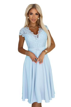 Vestido de Chiffon LINDA com Decote de Renda - Azul