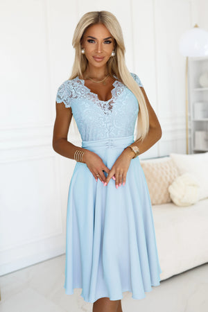 Vestido de Chiffon LINDA com Decote de Renda - Azul
