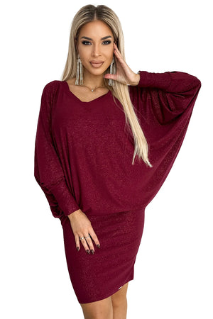 Vestido com mangas morcego e brilho — Bordô — imagem 6
