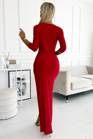 Vestido Longo com Brilho, Decote e Fenda - Vermelho
