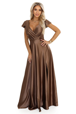 Vestido Longo de Cetim CRYSTAL com Decote - Mocha Mousse