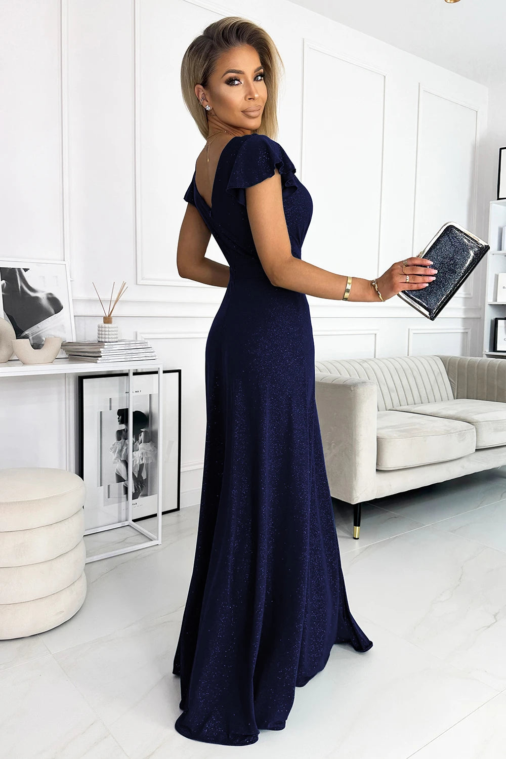 Vestido Longo CRYSTAL com Brilho e Decote Cruzado - Azul-Marinho – vista 2