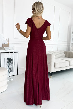 Vestido Longo CRYSTAL com Brilho e Decote — Bordô — imagem 3