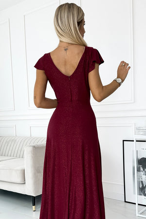 Vestido Longo CRYSTAL com Brilho e Decote — Bordô — imagem 5