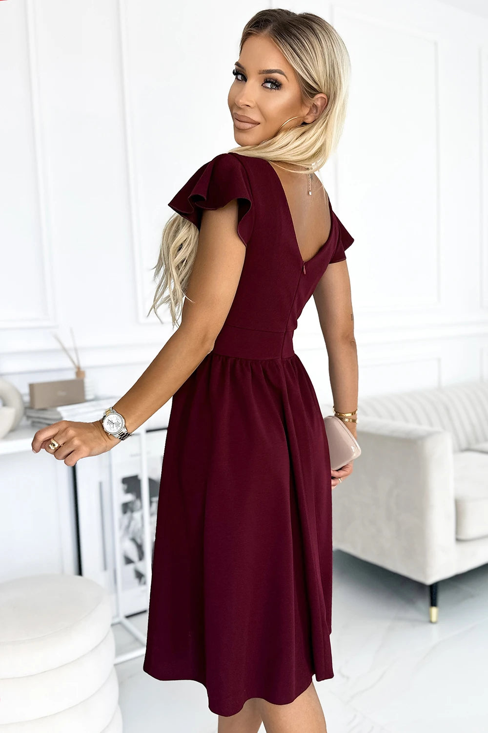 Vestido MATILDE com Decote e Mangas Curtas - Bordô
