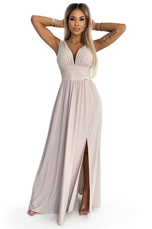 Vestido Longo Brocado SUSAN com Decote - Bege