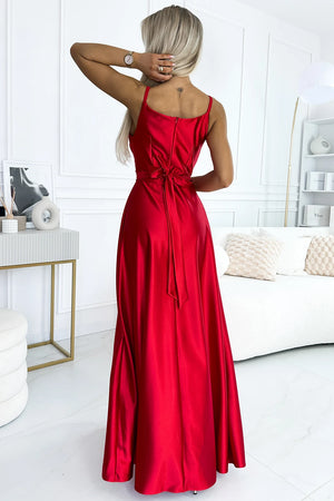 Vestido Longo JULIET em Cetim com Decote e Fenda - Vermelho