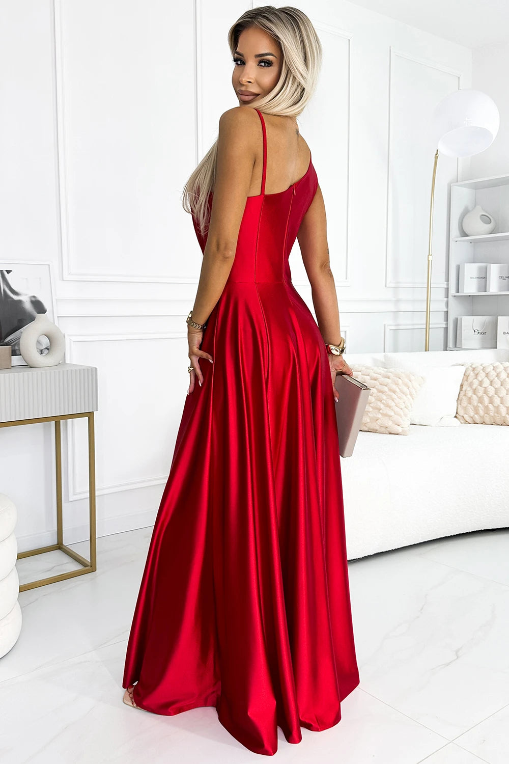 Vestido Longo de Cetim de Um Ombro - Vermelho – vista 2