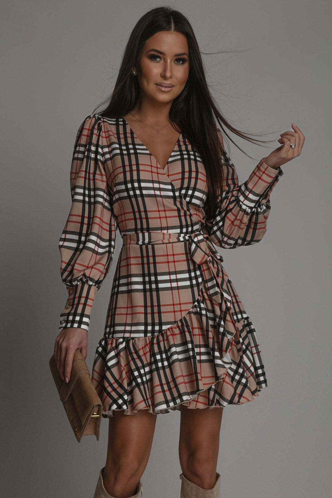 Vestido Curto ANNA - Xadrez Bege