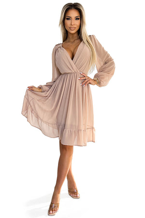 Vestido Midi de Chiffon MILA com Mangas Longas e Decote - Bege