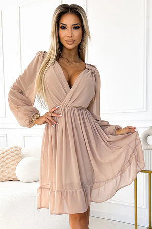 Vestido Midi de Chiffon MILA com Mangas Longas e Decote - Bege
