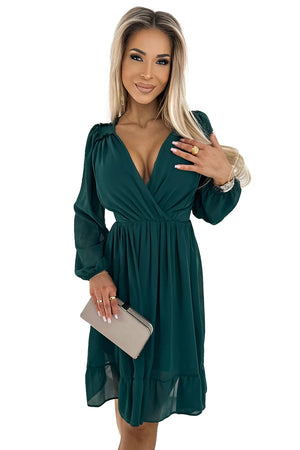 Vestido Midi de Chiffon MILA com Mangas Longas e Decote - Verde Garrafa