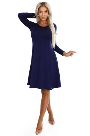 Vestido Trapézio de Mangas Longas - Azul-Marinho