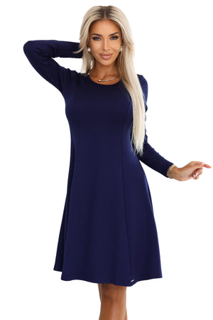 Vestido Trapézio de Mangas Longas - Azul-Marinho