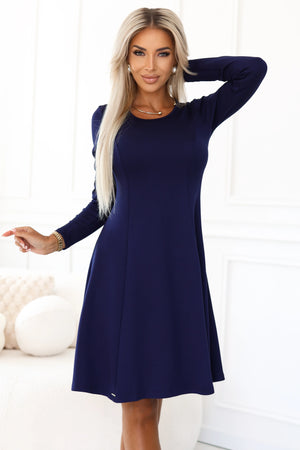 Vestido Trapézio de Mangas Longas - Azul-Marinho