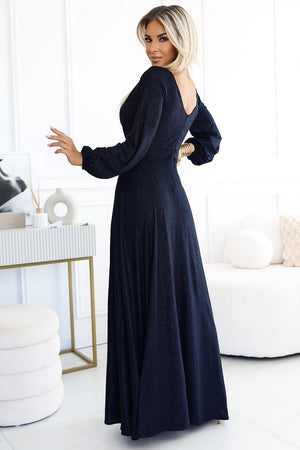 Vestido Longo NELA com Brilho, Decote e Mangas Longas - Azul-Marinho