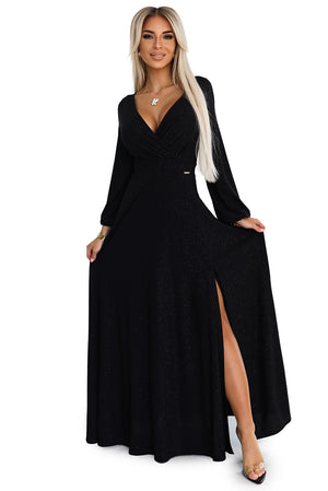 Vestido Longo NELA com Brilho, Decote e Mangas Longas - Preto