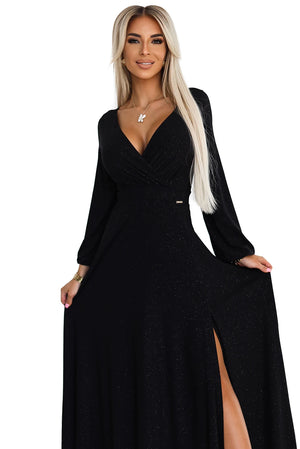 Vestido Longo NELA com Brilho, Decote e Mangas Longas - Preto
