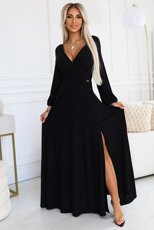 Vestido Longo NELA com Brilho, Decote e Mangas Longas - Preto