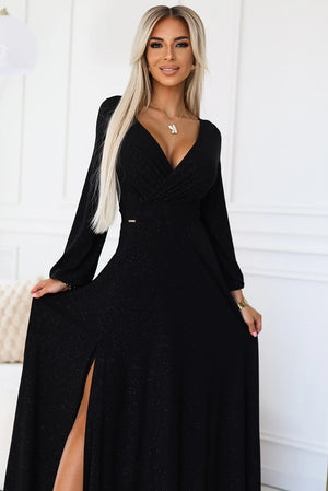Vestido Longo NELA com Brilho, Decote e Mangas Longas - Preto