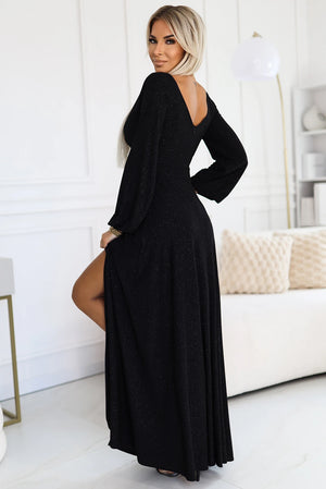 Vestido Longo NELA com Brilho, Decote e Mangas Longas - Preto