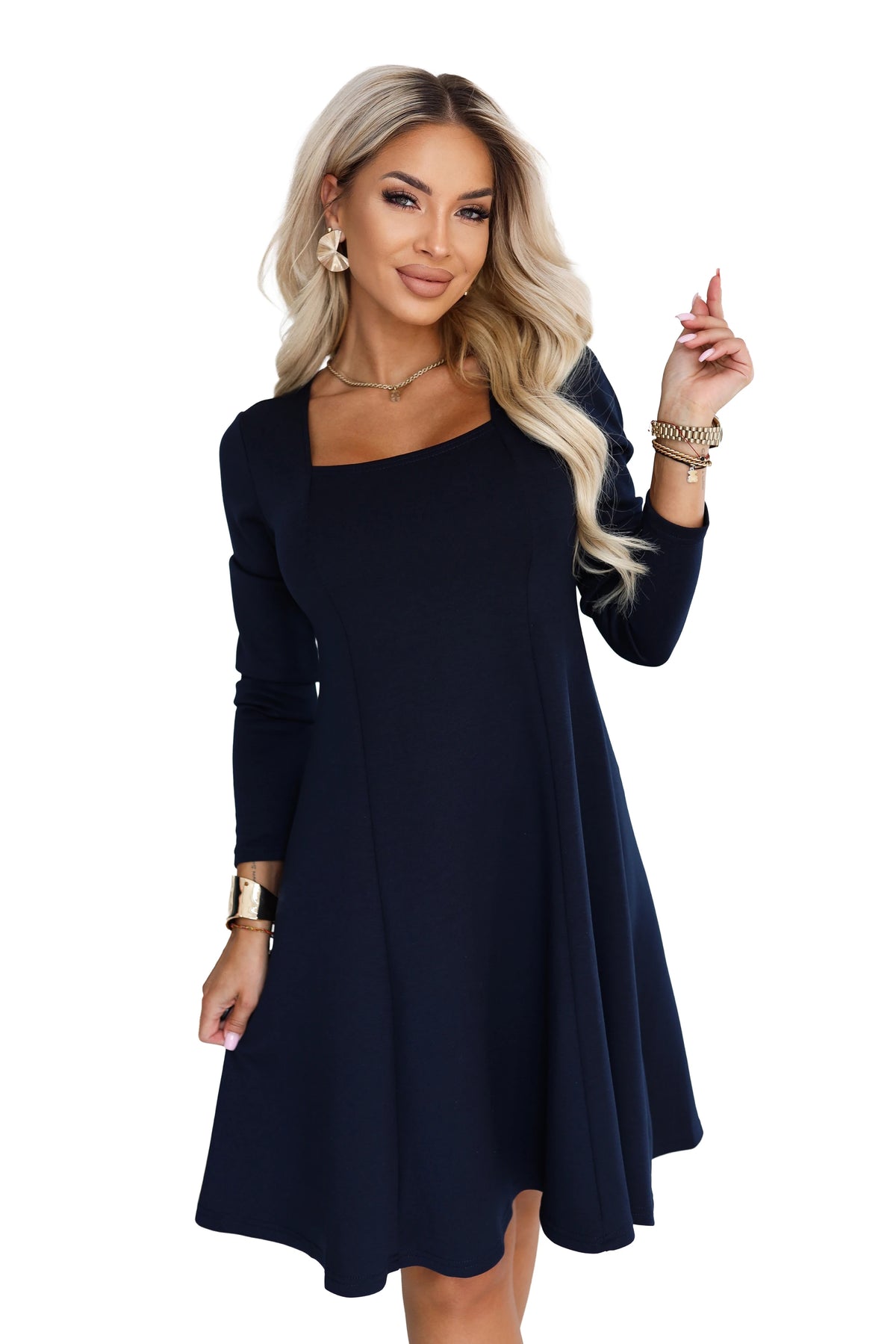 Vestido IVANA Trapézio com Decote Quadrado e Mangas Compridas - Azul-Marinho