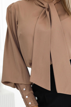 Blusa Elegante de Mangas Longas com Laço - Caramelo — imagem 12