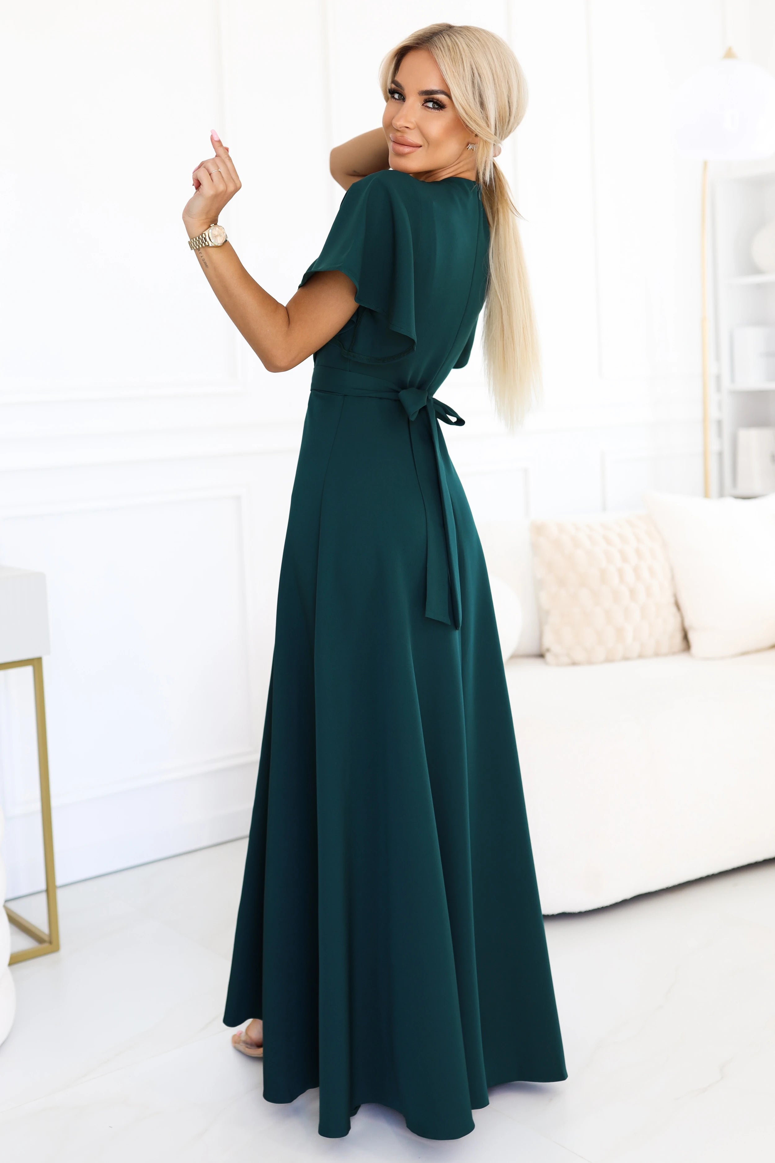 Vestido Longo JENNIFER com Fenda, Mangas e Decote - Verde Garrafa