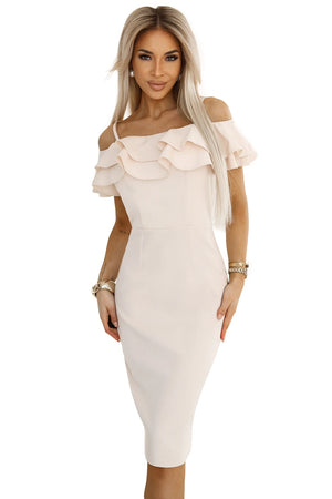 Vestido Midi CARMEN com Ombros Descobertos e Folhos - Bege