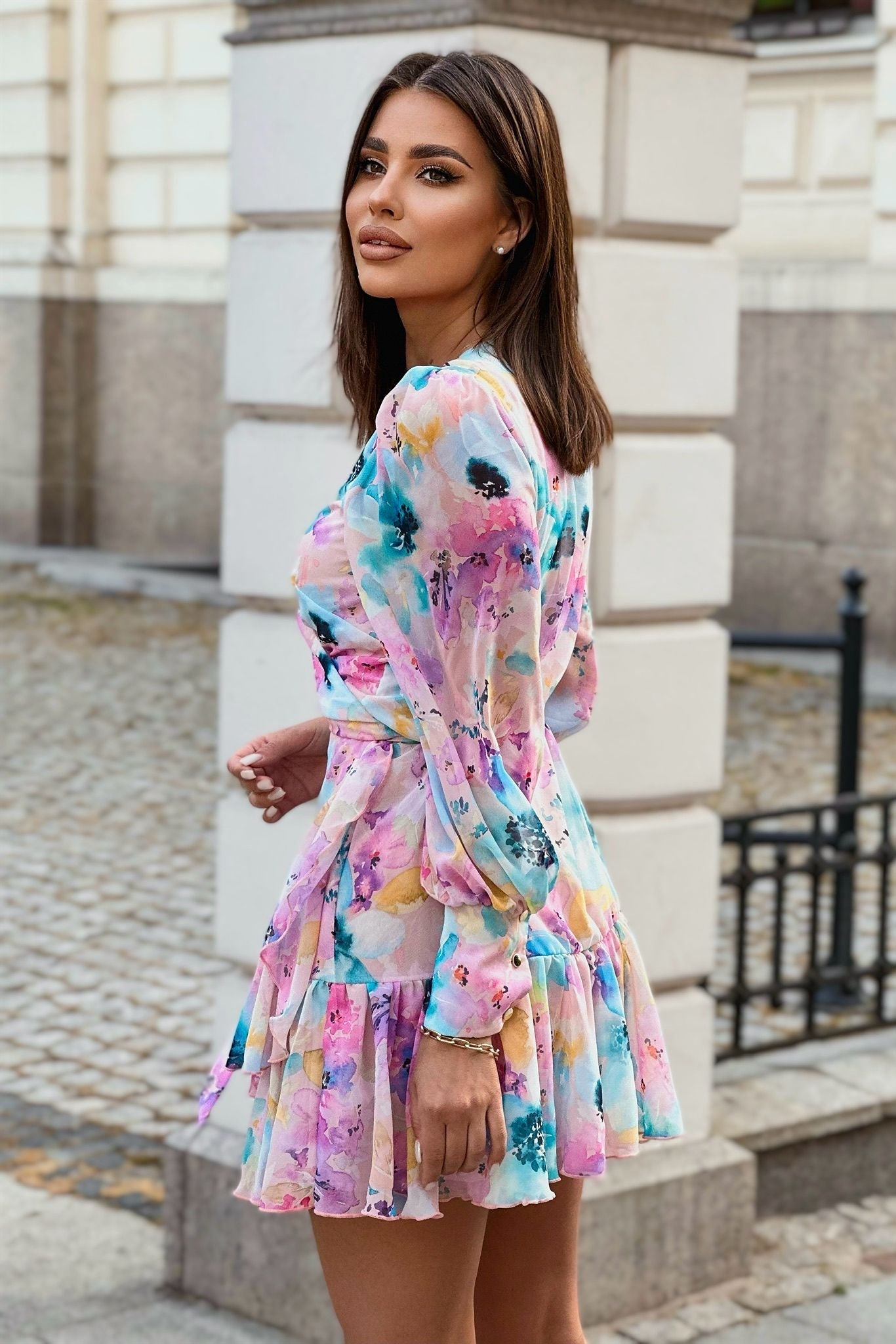 Vestido ANNA de Chiffon - Flores Turquesa