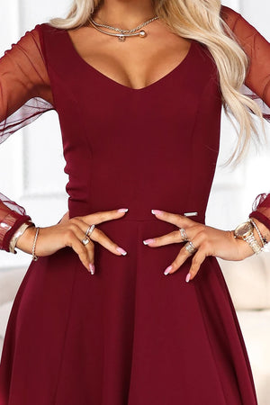 Vestido Longo LORETTA com Mangas de Tule - Bordô