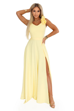 Vestido Maxi Elegante com Fenda e Rosas - Amarelo Manteiga — imagem 10