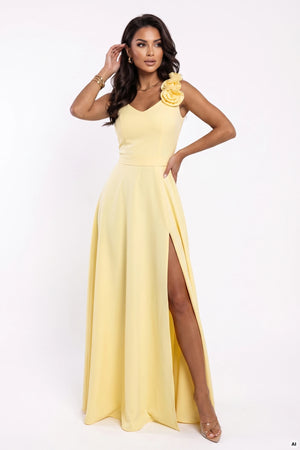 Vestido Maxi Elegante com Fenda e Rosas - Amarelo Manteiga — imagem 3