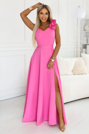 Vestido Maxi de Noite com Fenda e Rosas - Rosa Doce — imagem 1