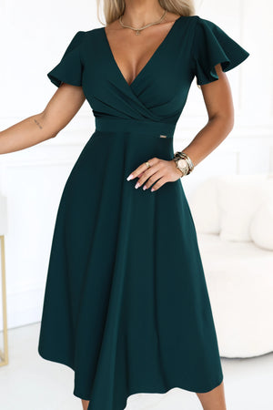 Vestido Midi Evasé com Decote Cruzado e Mangas Curtas - Verde Garrafa