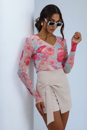 Blusa de Tule LORI - Flores Rosa sobre Azul