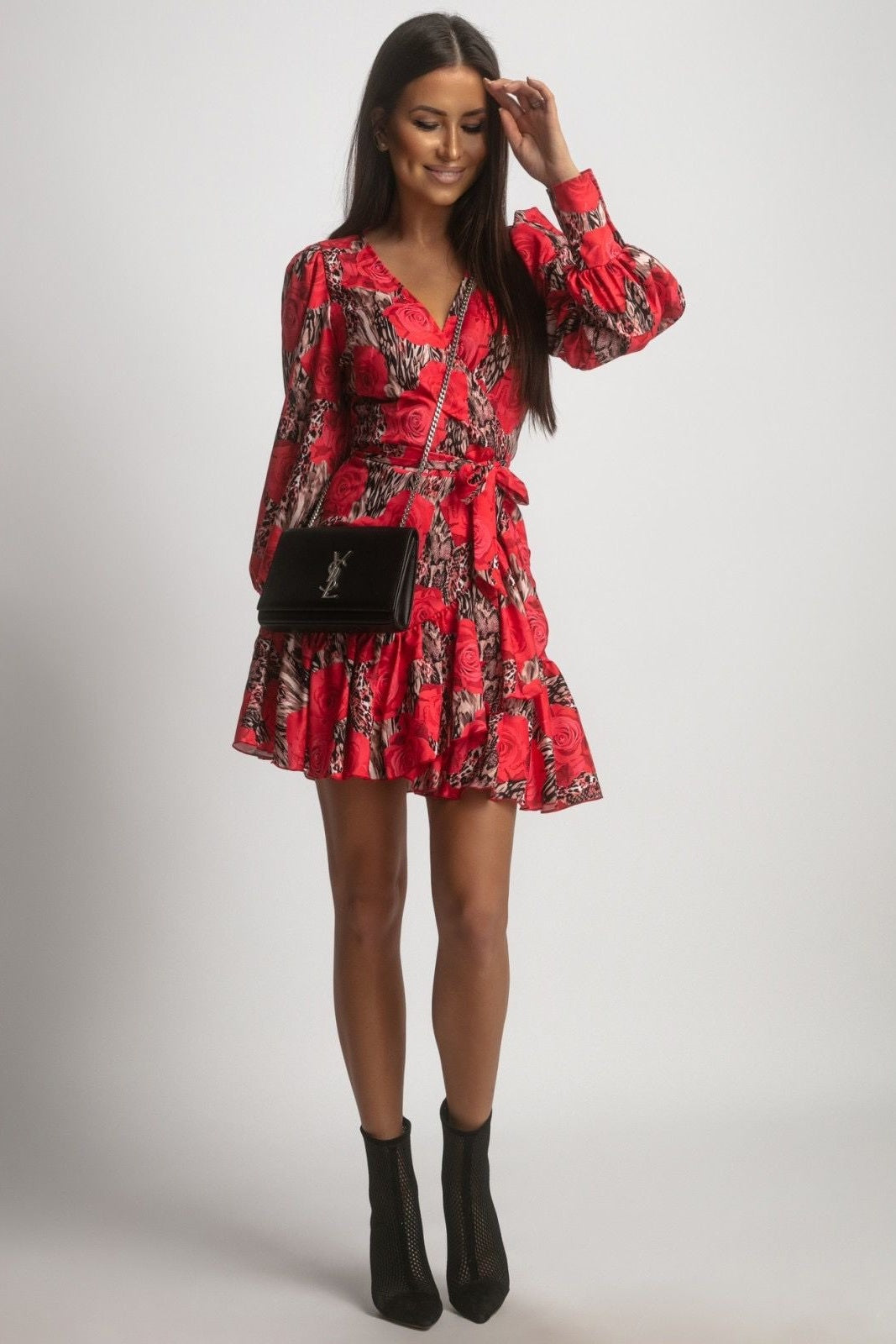 Vestido ANNA - Leopardo com Rosas Vermelhas