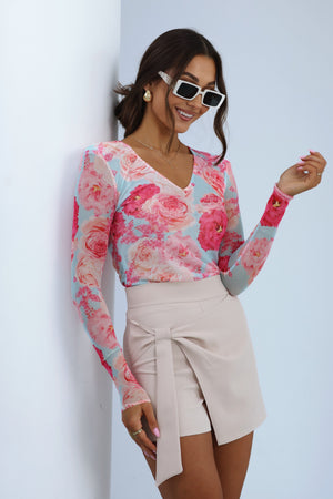 Blusa de Tule LORI - Flores Rosa sobre Azul