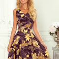 Vestido Evasé com Decote Coração - Folhas Douradas