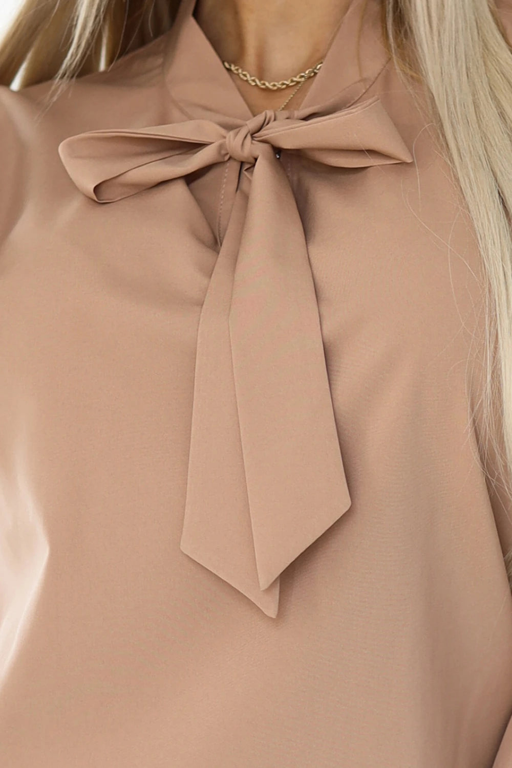 Blusa elegante de mangas longas com laço — Mocha Mousse — imagem 6