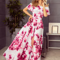 Vestido Longo com Folhos - Flores Rosa