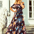 Vestido Longo com Folho - Preto com Flores Coloridas
